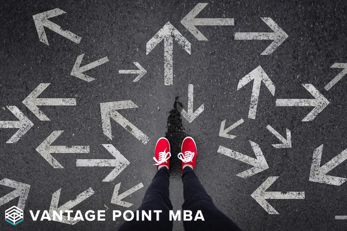 POV of a student standing in the road with arrows pointing in all directions