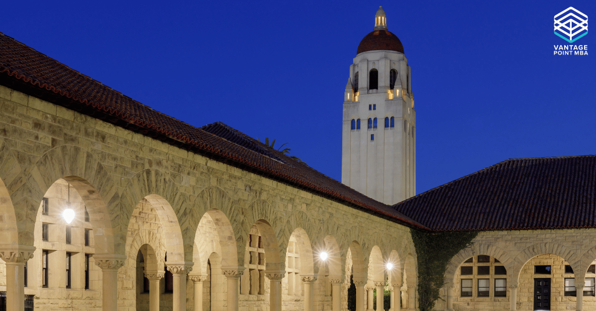 Stanford GSB campus lit up at night